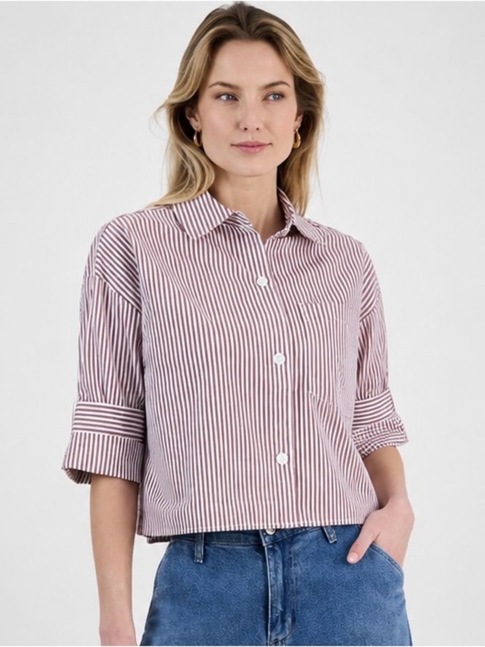 And Now This Cotton Relaxed Fit Striped Cropped Button Down Shirt Brown White